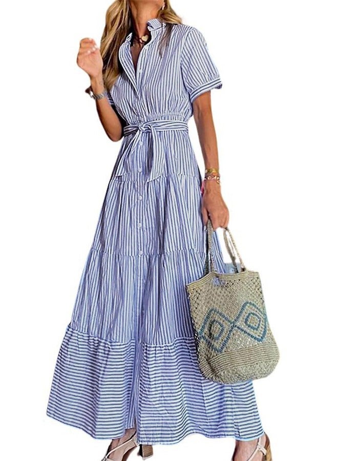 utcoco Womens Casual Short Sleeve Button Down Tie Waist Ruffled Striped Maxi Shirt Dress (Medium, Blue) - Image 1